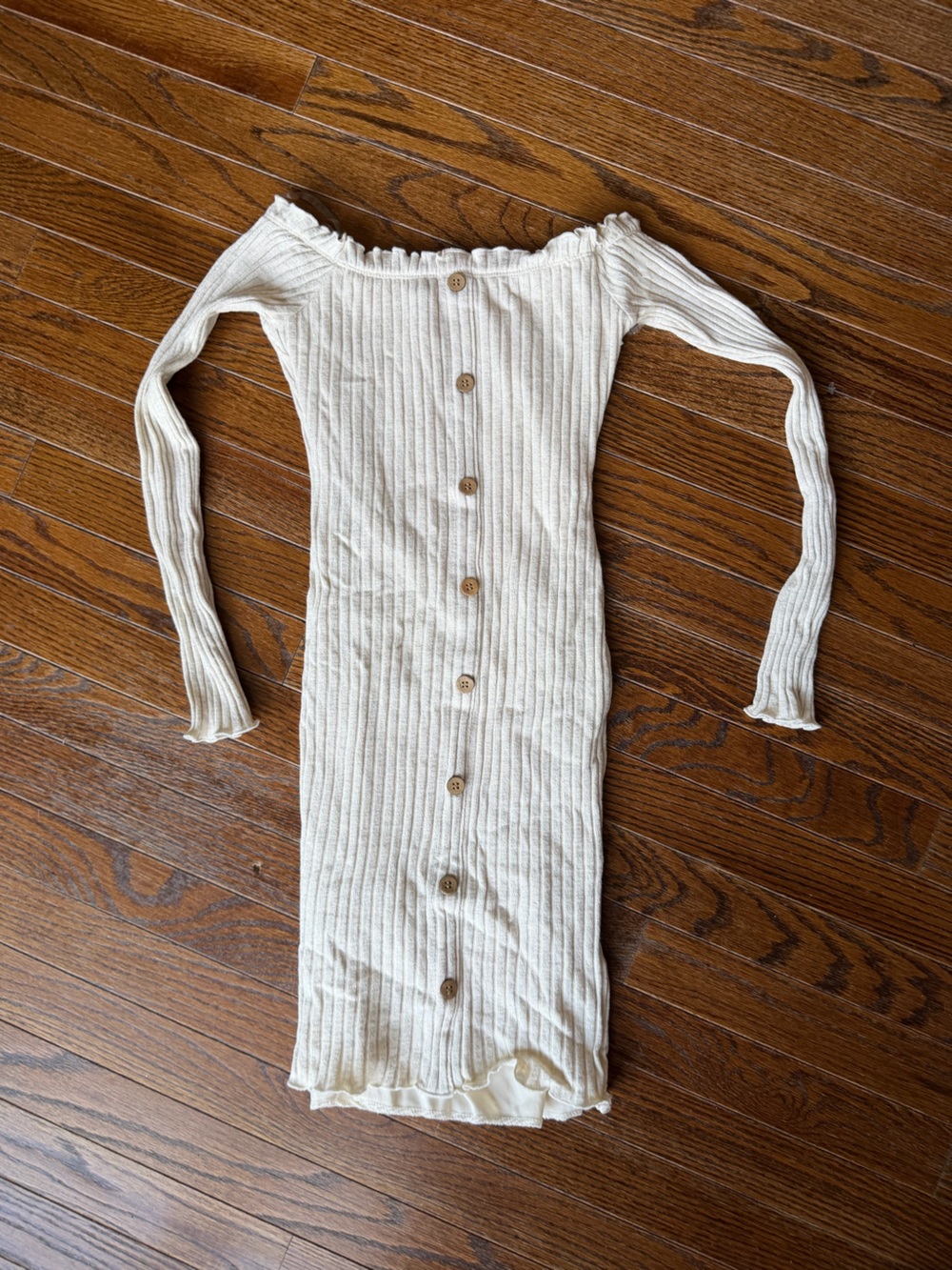 Off-Shoulder Ribbed Button-Front Long Sleeve Dress in Cream